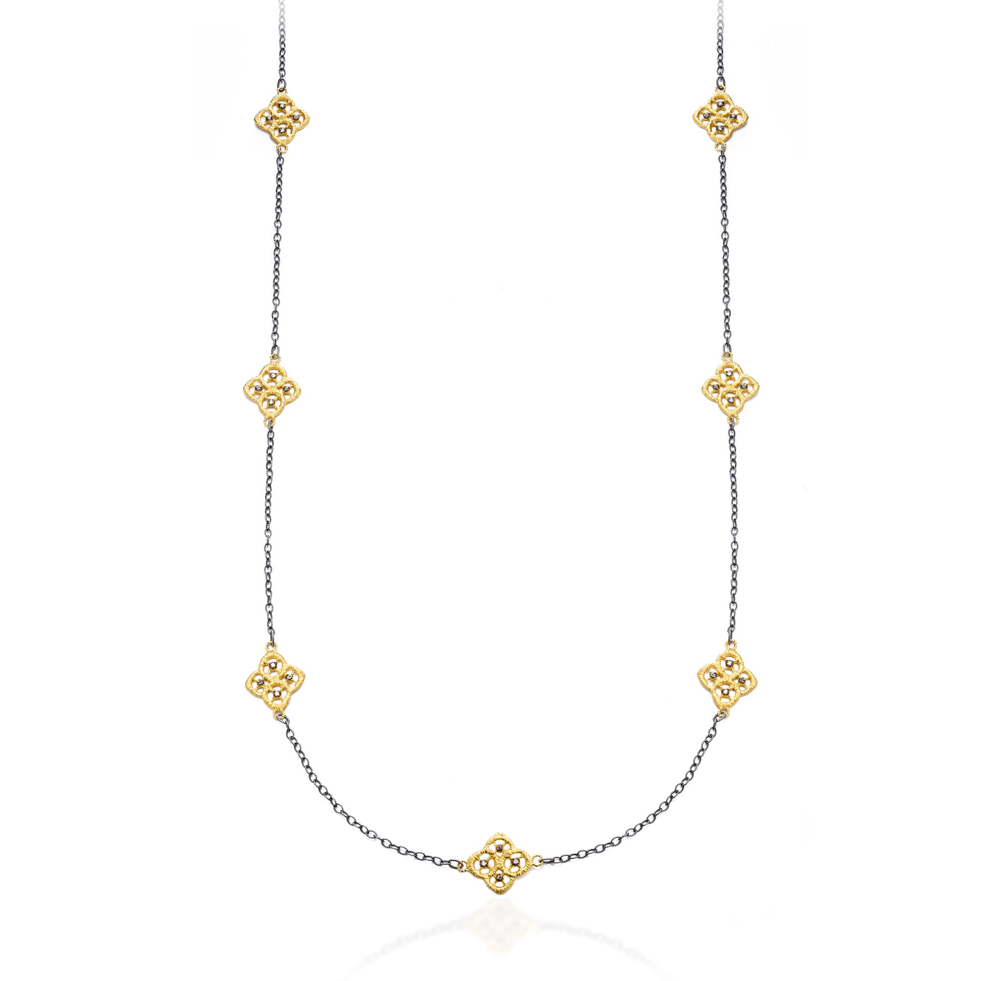 Lange Halskette "Chiara Vintage" in 750er Gelbgold mit Brillanten und schwarzrhodinierter Silberkette